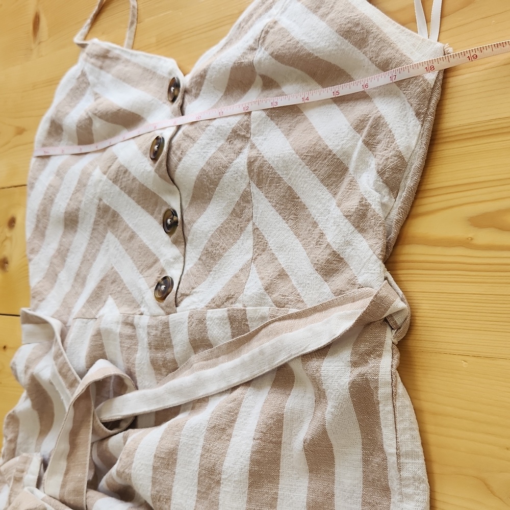 Kensie Jumpsuit Striped Cotton Linen Wide Leg Tan White Romper L - Picture 12 of 16